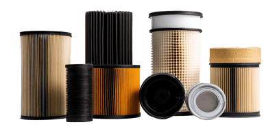 Various car filters are arranged neatly, showcasing oil, air, and fuel filters